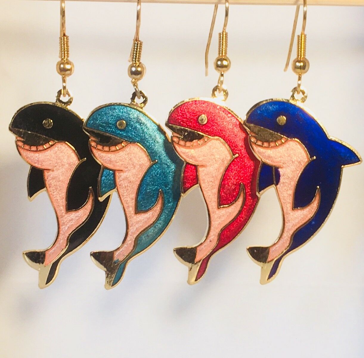 

CUTE WHALE EARRINGS dangle Vintage Cloisonne black aqua red blue Gold Plate