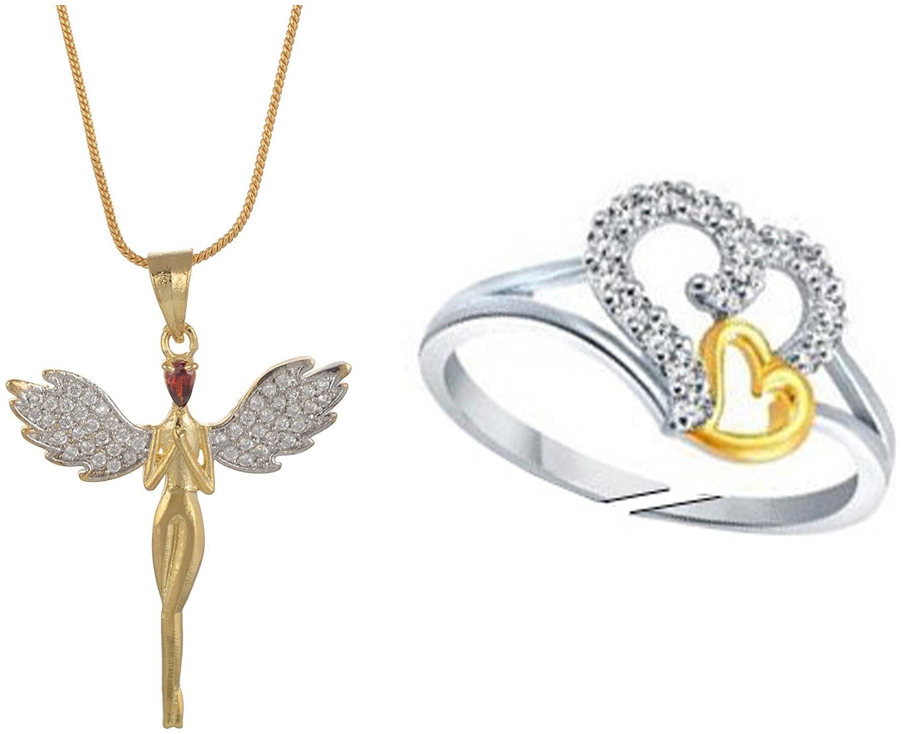 

Cz White Diamond Gold Plated Angel Pendant Set Stylist 2Heart Gold And Silver Plated Adjustable Finger Ring For Girls Women Ladies By Lady touch(Free size)
