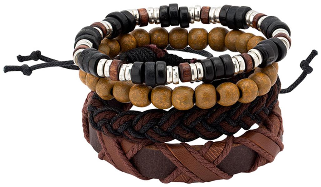

Dare By Voylla Brown Leather Beads and Braided Bracelet Set Of 4 For Men