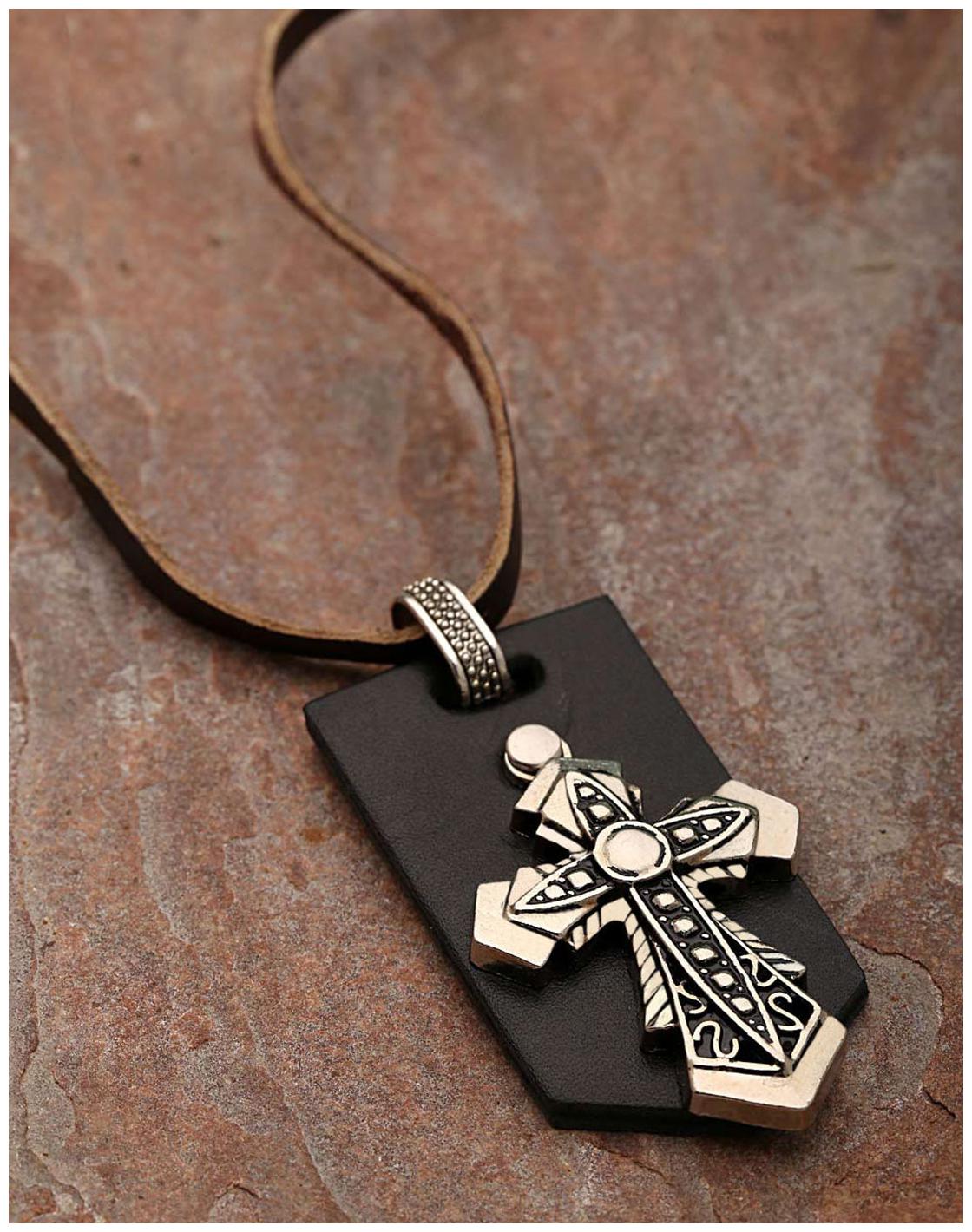 

Dare by Voylla Cross Designer Pendant With Brown Leather Chain