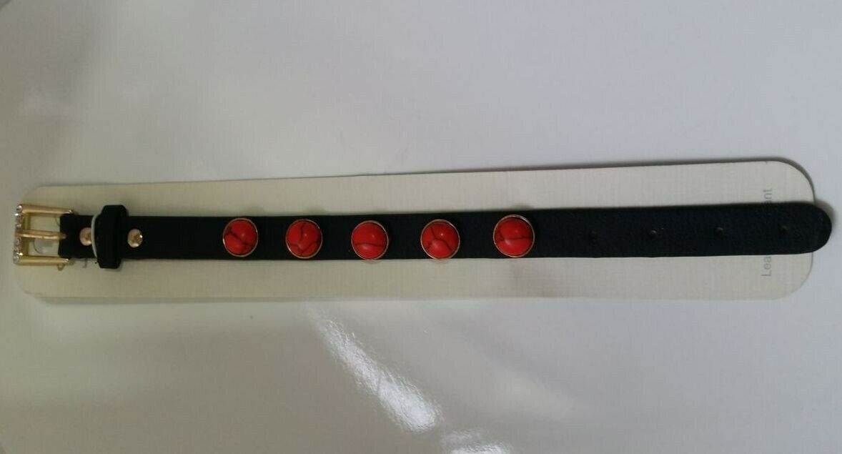 

Dark Brown Faux Leather Wristband 1 2 attached round Red Coral stones Z3-3 22