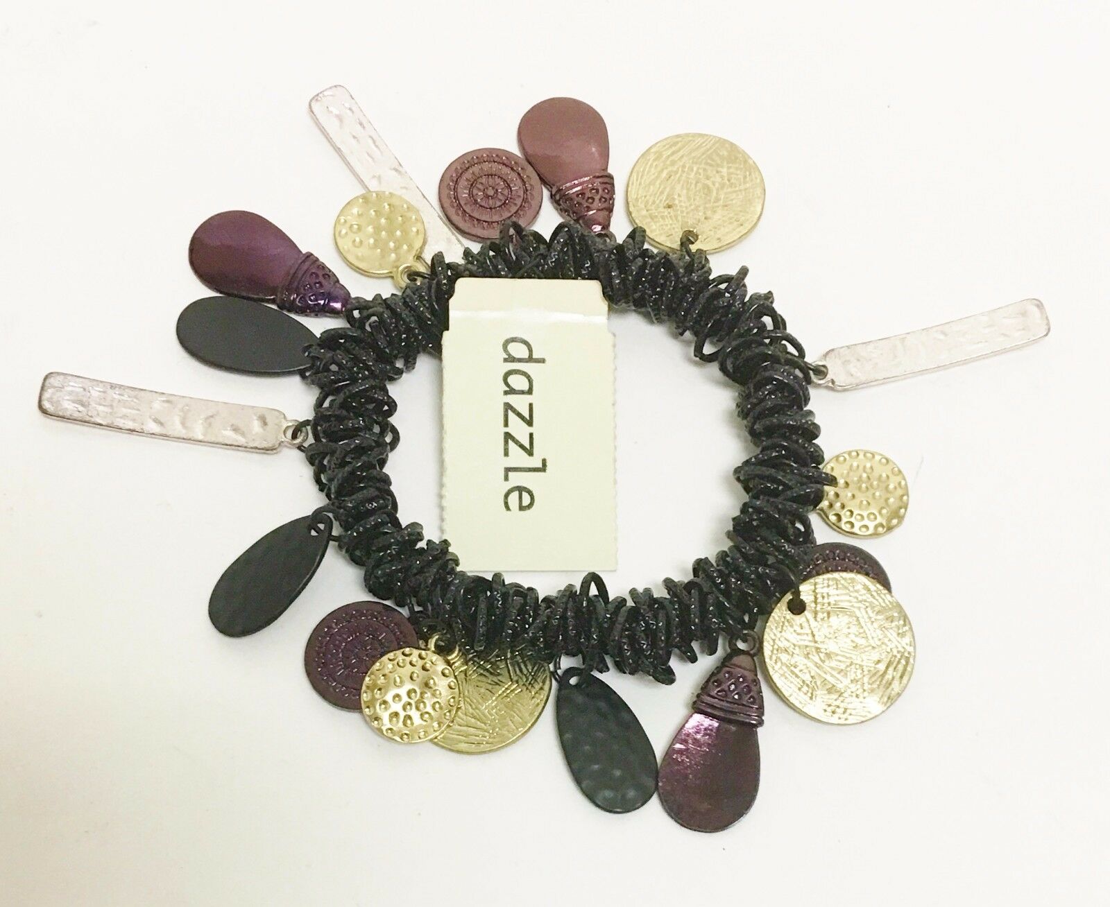 

DAZZLE BLACK TONE ELASTIC WOVEN NYLON BAND MULTI COLOR PENDANT CHARM BRACELET