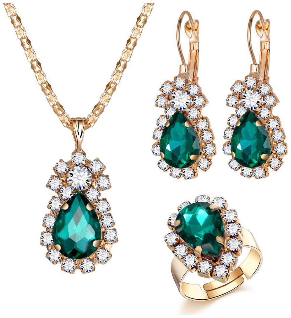

Deal Sutras Stylish Golden Green Crystal Water Drop Earring Adjustable Ring Set Women s Jewelry Set