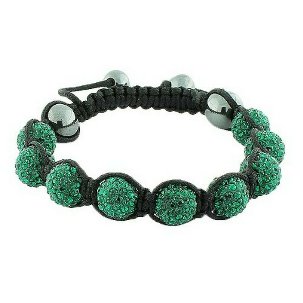 

Deep Dark Green Crystal Ball Black Cord Adjustable Macrame Unisex Bracelet