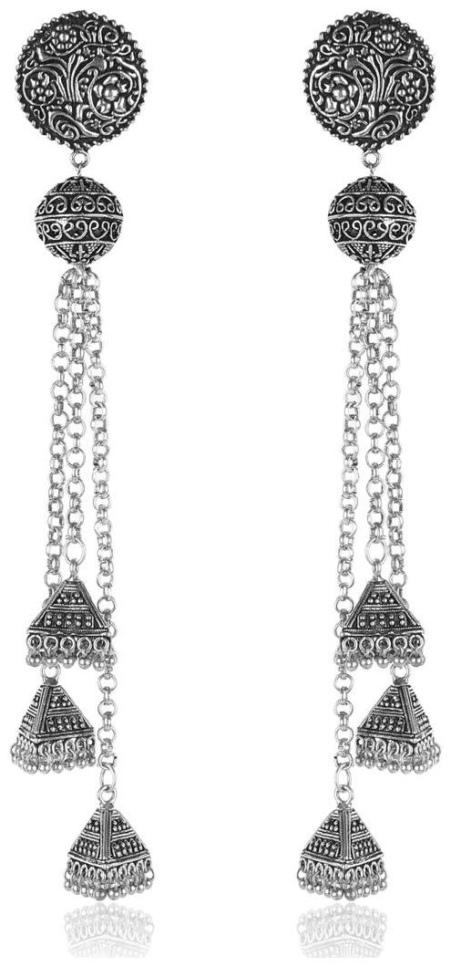 

DESI COLOUR Fancy Stylish Party Wear Handcrafted Silver Oxidised Earrings Jewellery-Silver 3 Layer