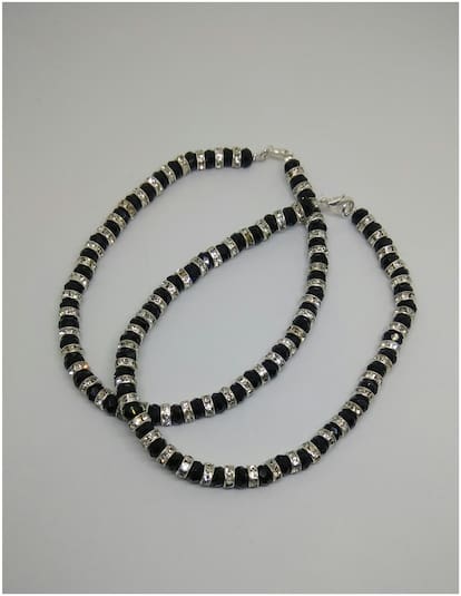 Designer black crystal and silver Rhinestone beads anklet pair