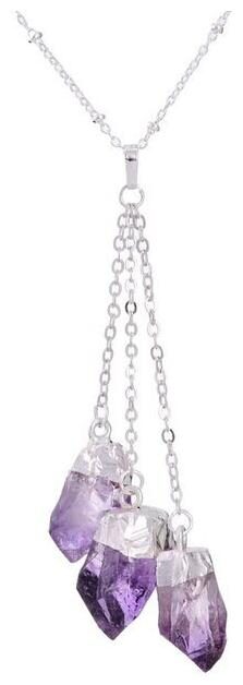 

Long 3 Stone Dangling Natural Purple Druzy Quartz Silver Necklace D9