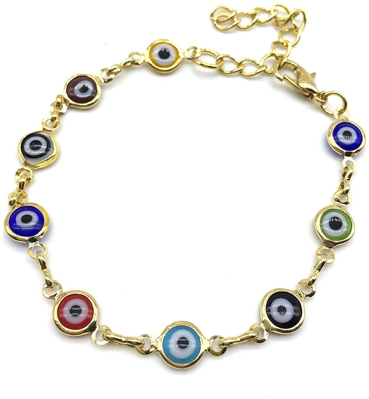 

Digital Dress Stylish Gold Plated Bracelet Multicolor Evil Eye Link Chain Adjustable Size Bracelet For Girls And Women Costume Fashion Artifical Imitation Jewellery for Valentine Gift