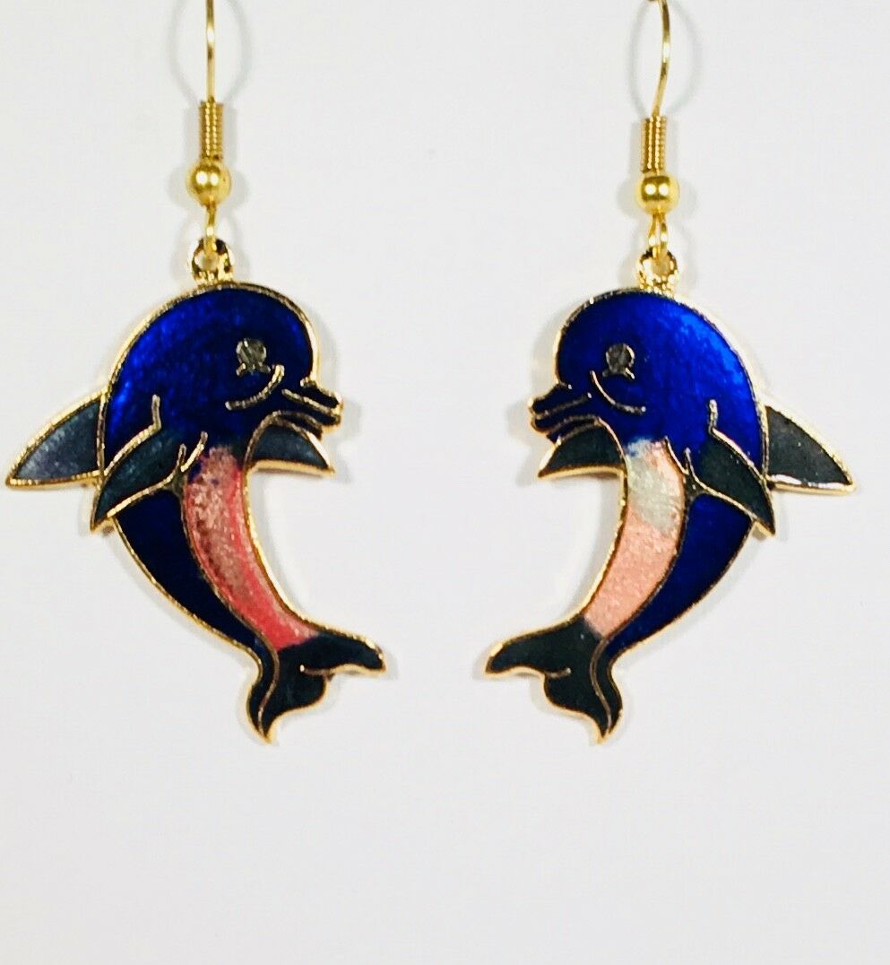 

DOLPHIN Dangle Earrings Stefano Vintage new Cloisonne Gold Plate Factory Prices