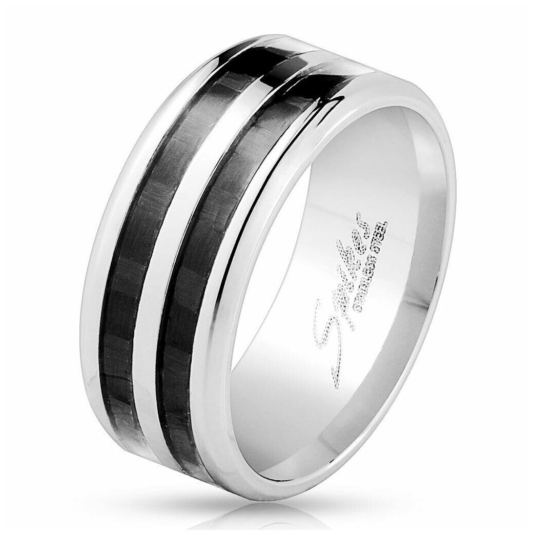 

Double Black Carbon Fiber Inlay 9mm Wide Men s Band Ring Stainless Steel