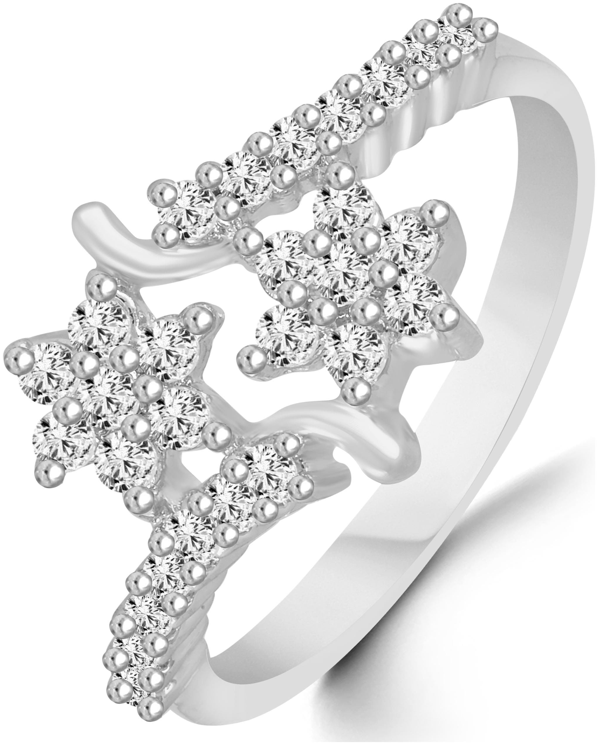 

Double Star Diamond Studded Rhodium Plated Alloy Brass Cubic Zirconia Finger Ring for Women Girls