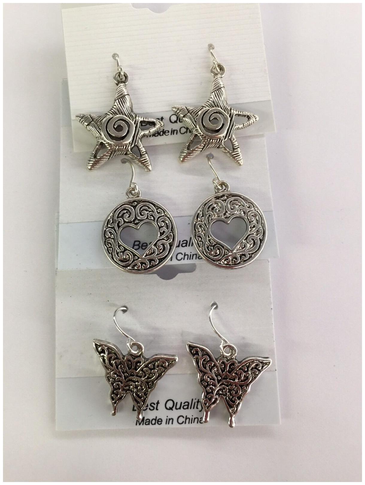 

Earrings Silver Tone Fashion Dangle Jewelry Heart Butterfly Starfish 3 Pair NWT