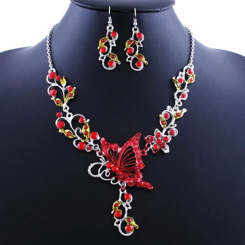 

Ornate Red Delicate Austrian Crystal Butterfly Necklace D11