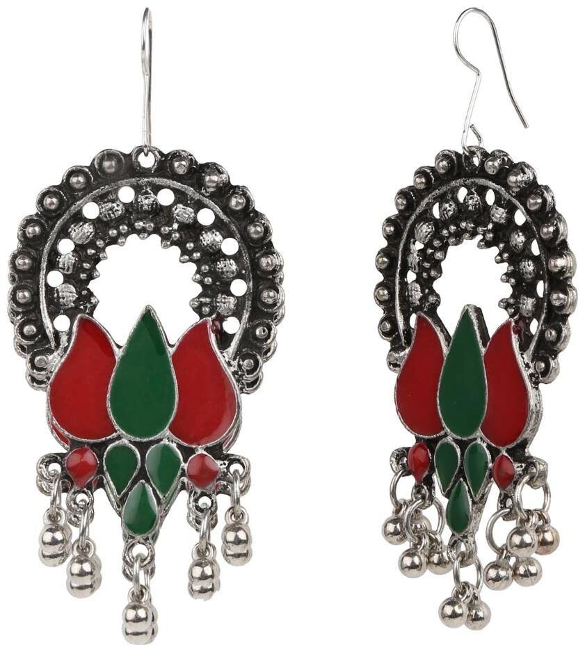 

Efulgenz Designer Oxidised German Silver Plated Multi Colour Lotus Afghani Hook Dangler Earrings for Girls and Women