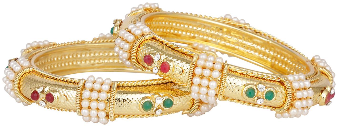 

Efulgenz Fashion Stylish Fancy Party Wear Gold Plated Traditional Pearl Ruby Emerald Bangle Set (2 piece) for Women Girls