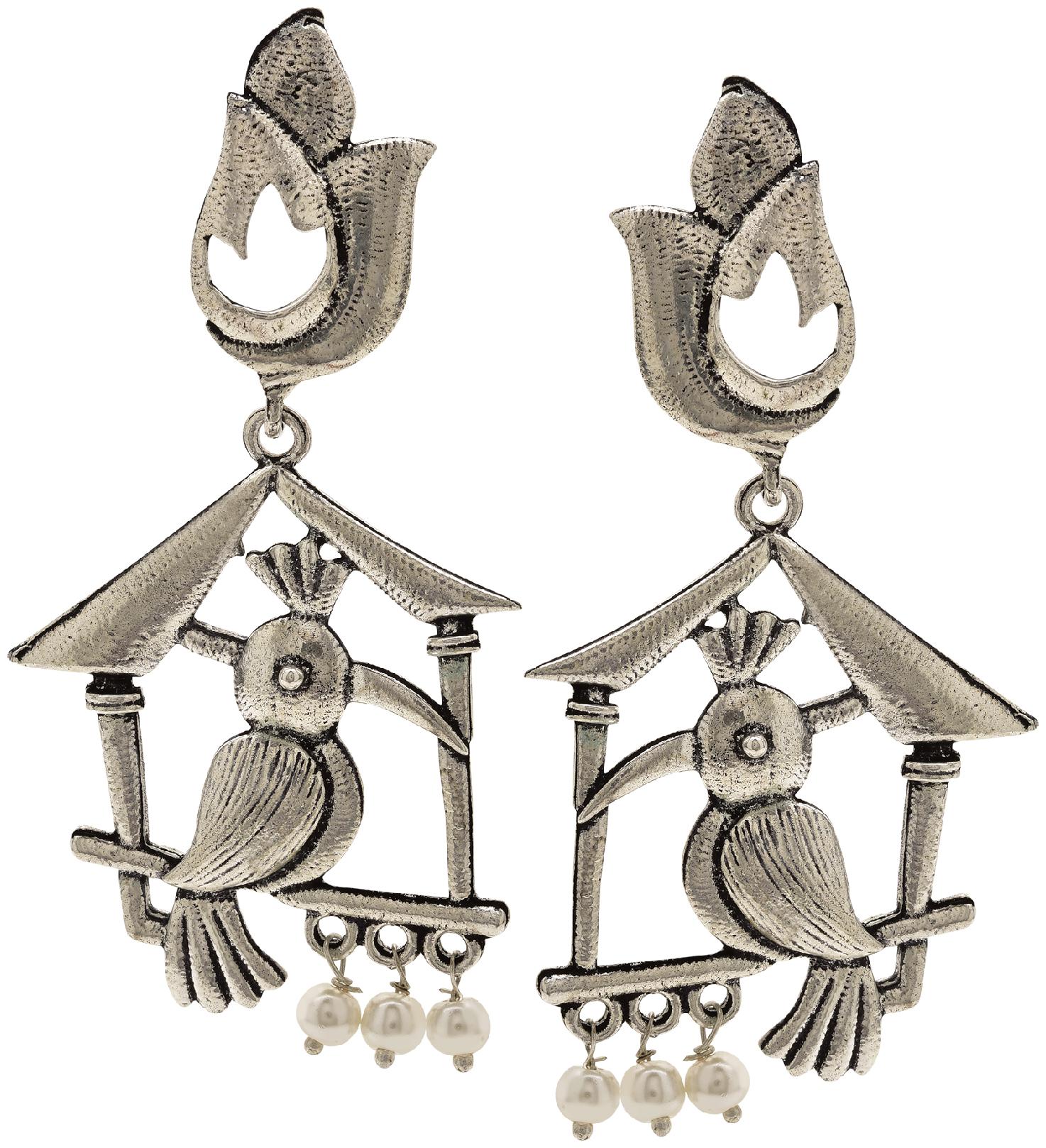 

Efulgenz Fashion Jewellery Stylish Antique Boho Vintage Oxidised Silver Statement Love Bird Jhumka Jhumki Earrings