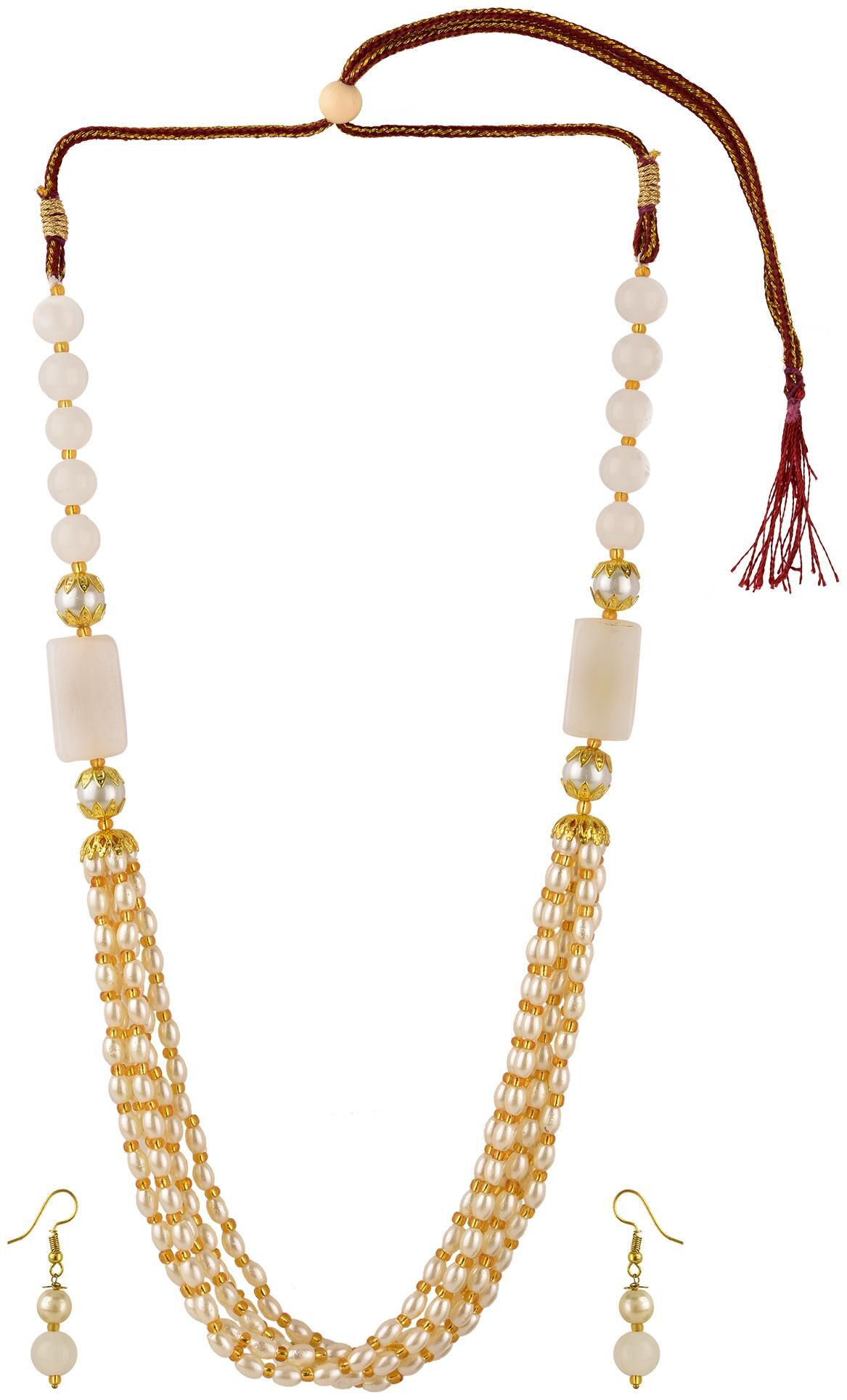 

Efulgenz Fashion Jewellery Stylish Gold Plated Pearl Beaded Wedding Party Wear Multistrand Mala Necklace Earrings Set