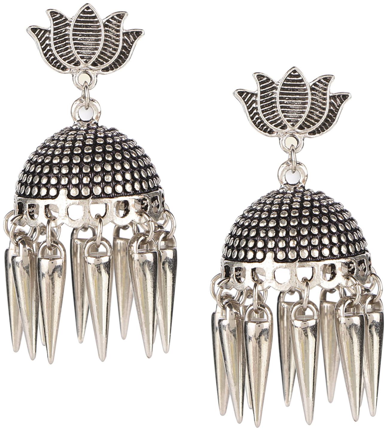 

Efulgenz Fashion Jewellery Stylish Trendy Antique Boho Vintage Oxidised Silver Statement Jhumka Jhumki Earrings