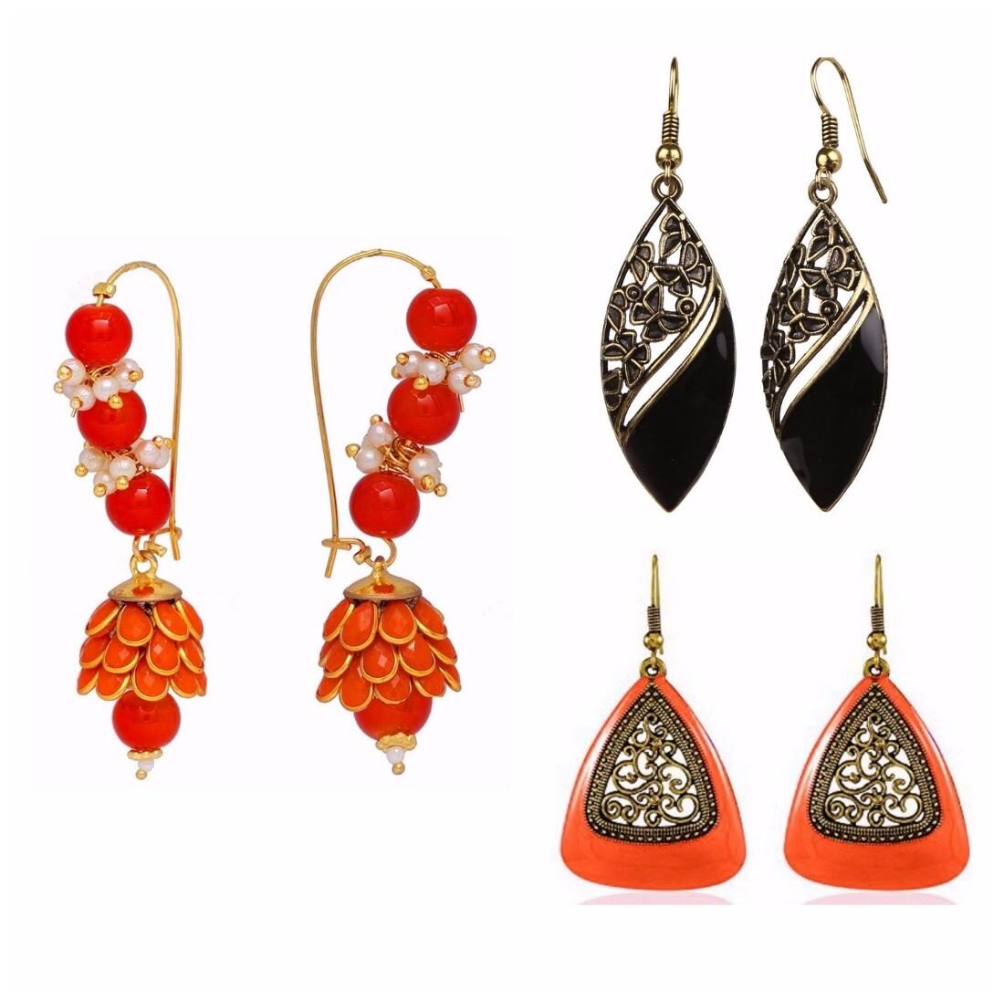 

Efulgenz Jewellery Combo of Ethnic Fancy Party Wear Orange Paachi Pearl Jhumki Earring Oxidised Silver Earrings for Girls and Women