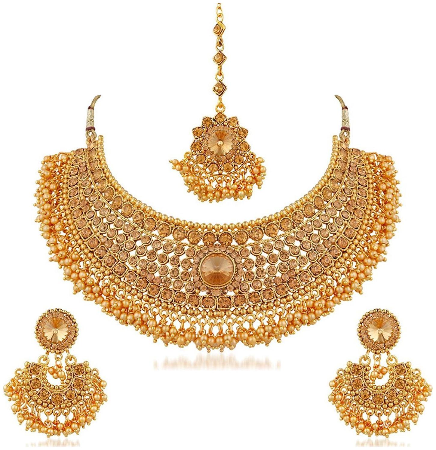 

Efulgenz Jewellery Gold Plated Kundan Crystal Necklace Earring Maangtikka Set