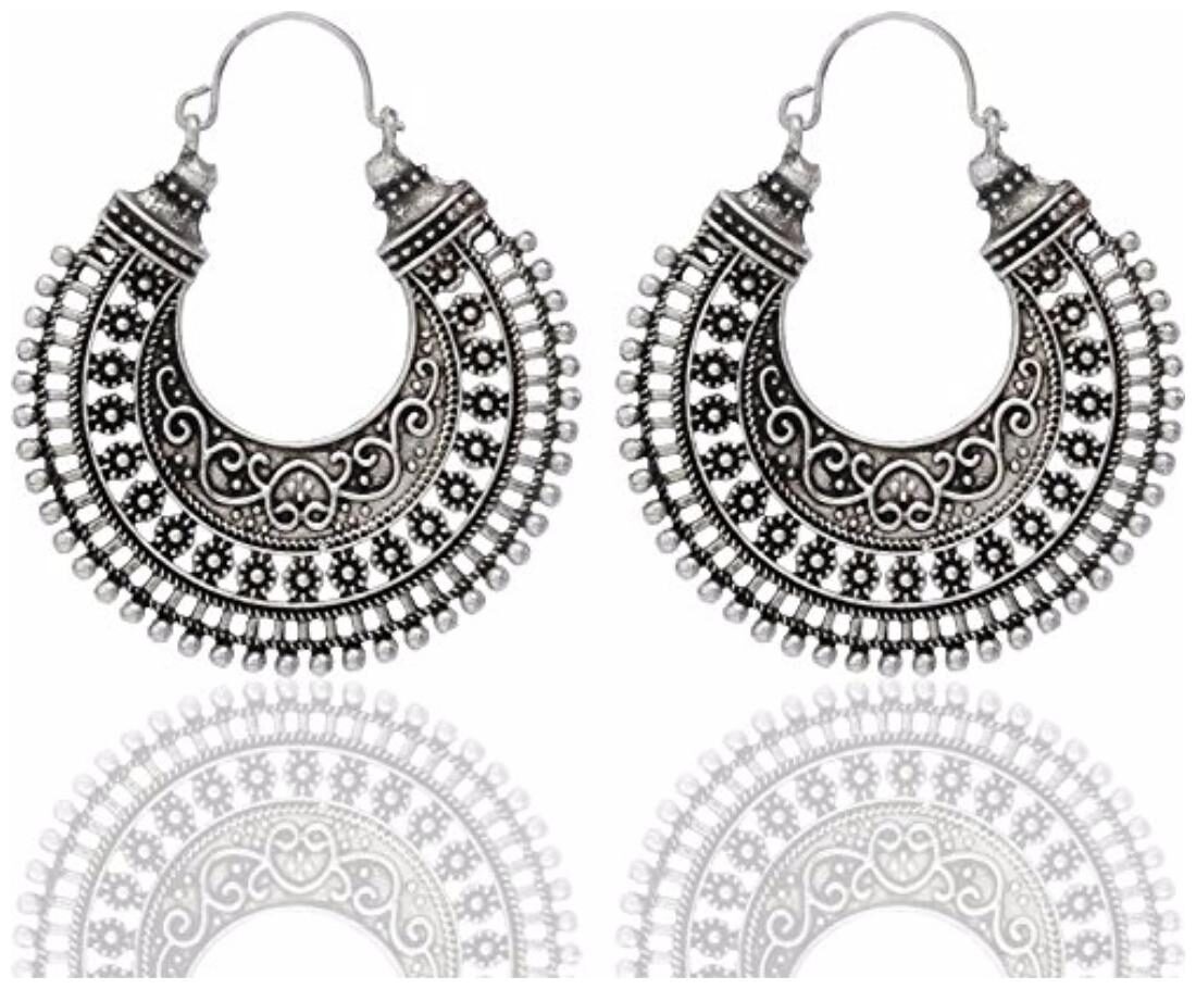 

Efulgenz Silver Plated Designer Fancy Party Wear Hanging Hoop German Silver Earrings Jewellery for Girls and Women