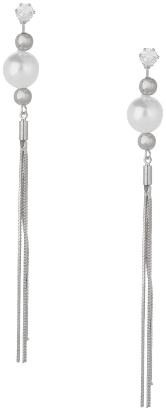 

Efulgenz Silver Plated CZ Long Chain Bar Linear Pearl Tassel with Round Ear Studs Geometric Charm Dangle Drop Earrings for Girls and Women