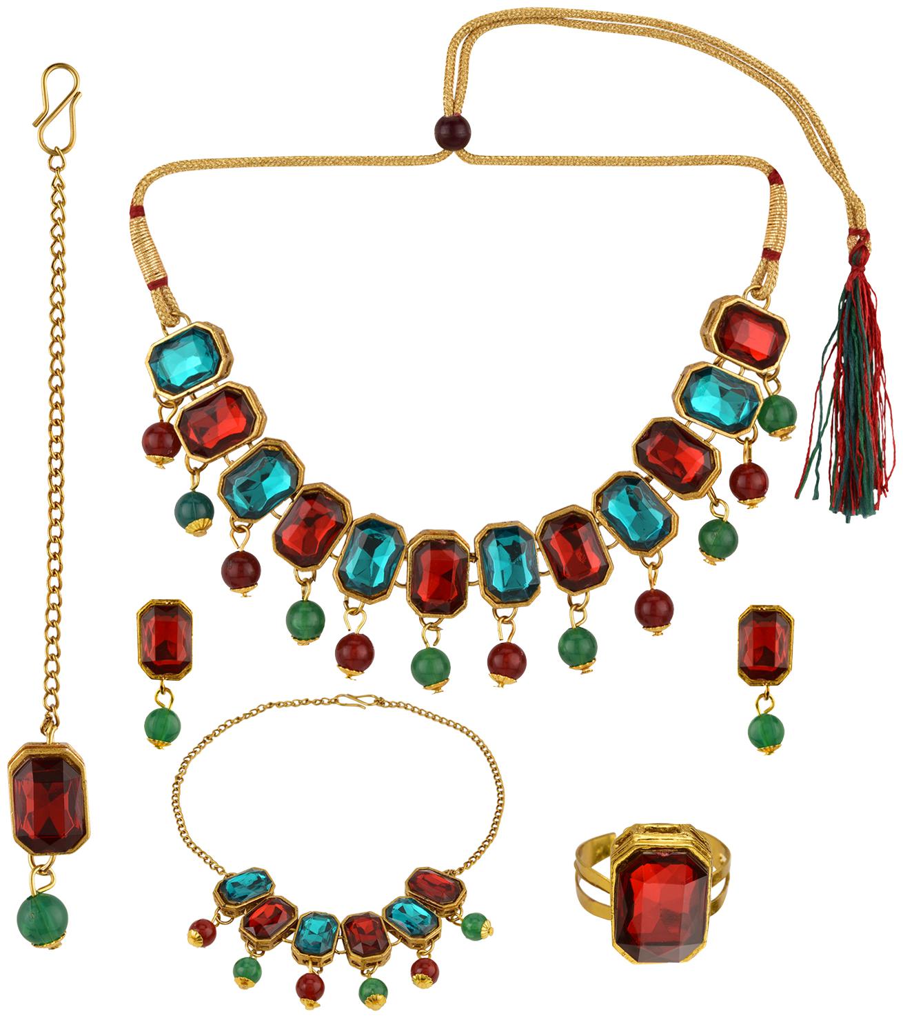 

Efulgenz Stylish Fashion Fancy Pearl Crystal Party Wear Choker Necklace Earrings Bracelet Ring Maantikka Jewellery Set
