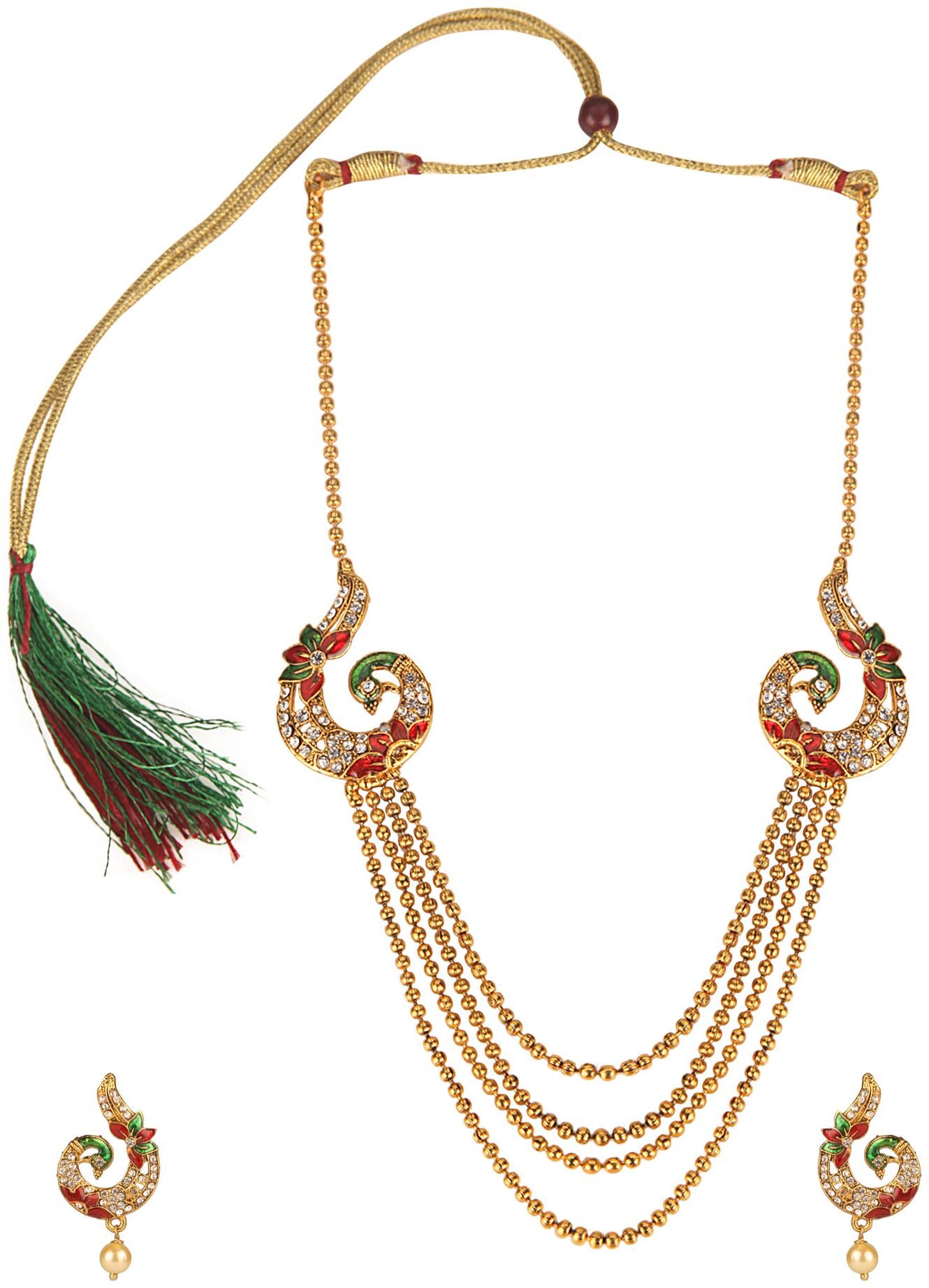 

Efulgenz Stylish Traditional Gold Plated Bridal Party Wear Multi Layer Strand Wedding Necklace Earrings Jewellery Set