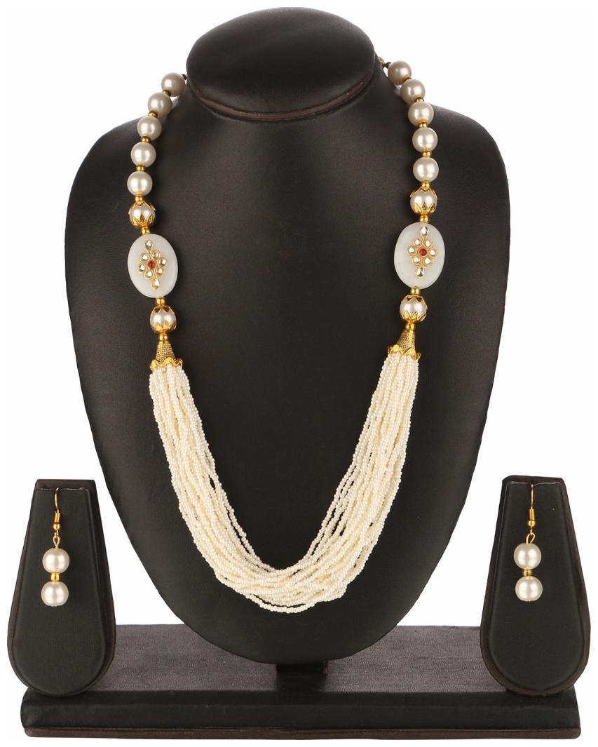 

Efulgenz Traditional Gold Plated Designer White Multi Layered Pearl Beads Necklace with Dangler Earring for Girls and Women