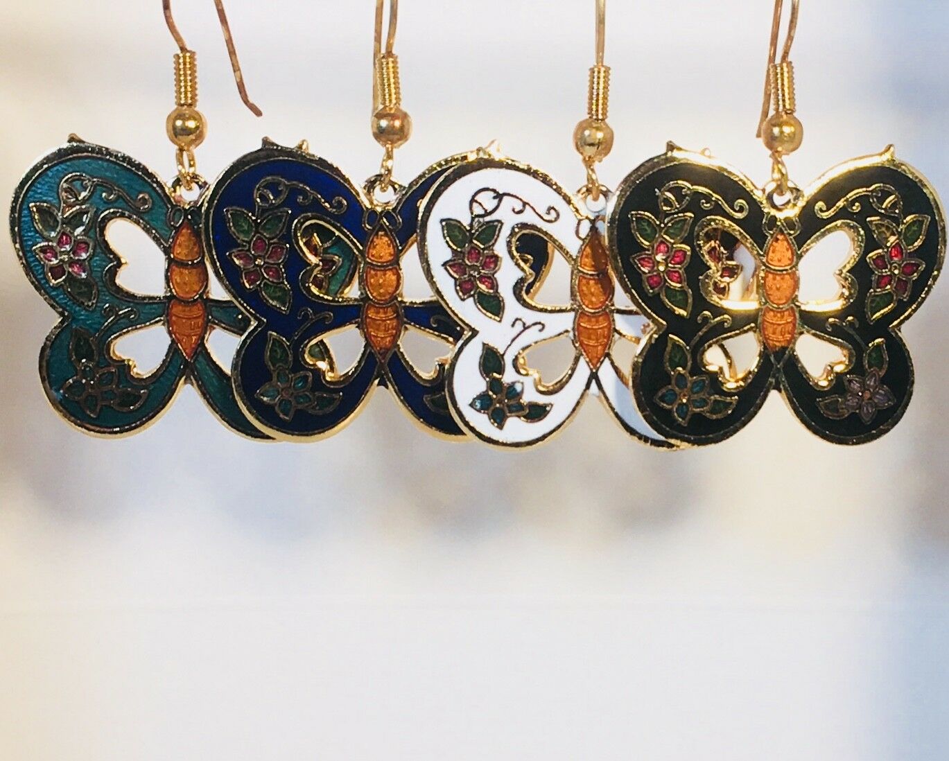 

ELEGANT BUTTERFLY Dangle Earrings Stefano Vintage Cloisonne Gold Plate