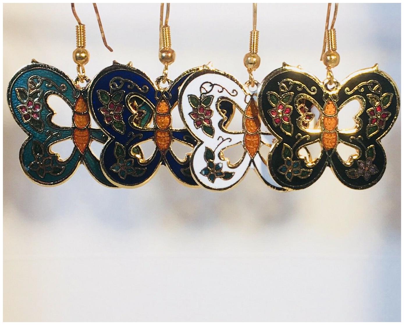 

ELEGANT BUTTERFLY Dangle Earrings Stefano Vintage Cloisonne Gold Plate