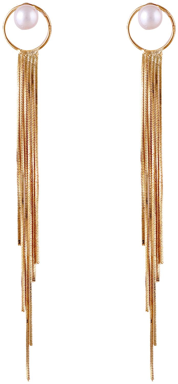 

Elegant Designer Gold Plated Tassel Drop Earrings With Stylish Pearl Stud