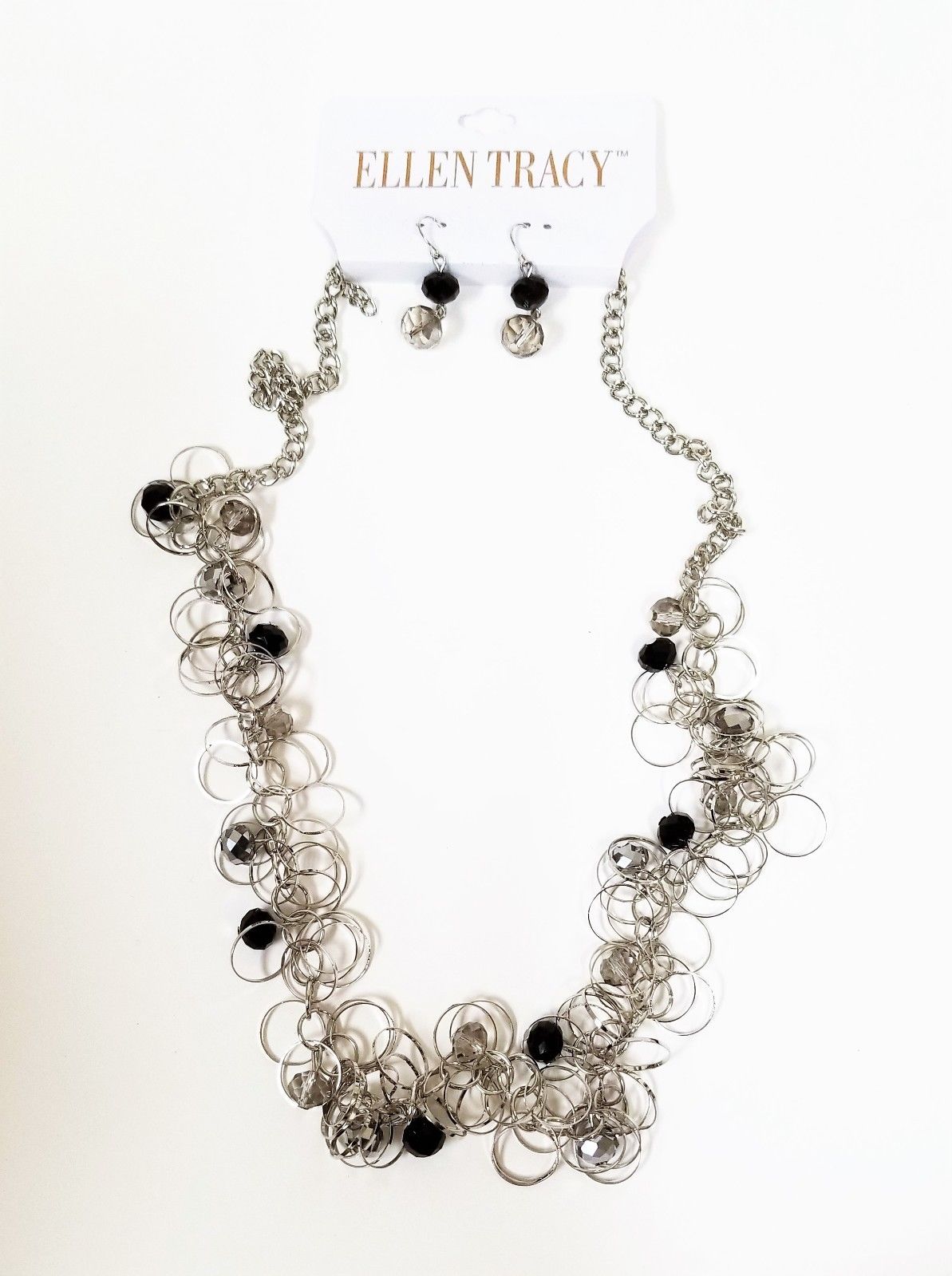 

ELLEN TRACY 2 PC SET SILVER BLACK TONE MULTI HOOPS CRYSTAL NECKLACE EARRINGS
