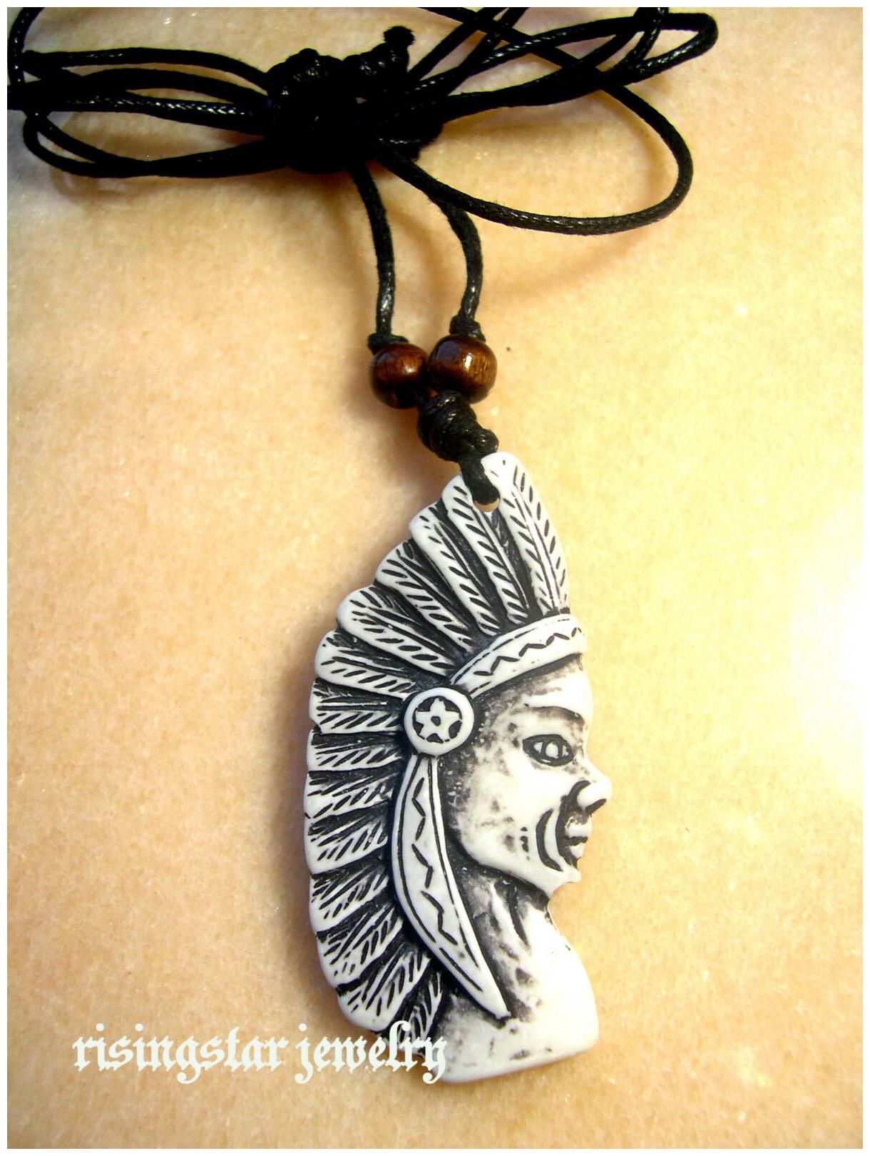 

Embossed Native American Chief with Eagle Feather Headdress Pendant Necklace