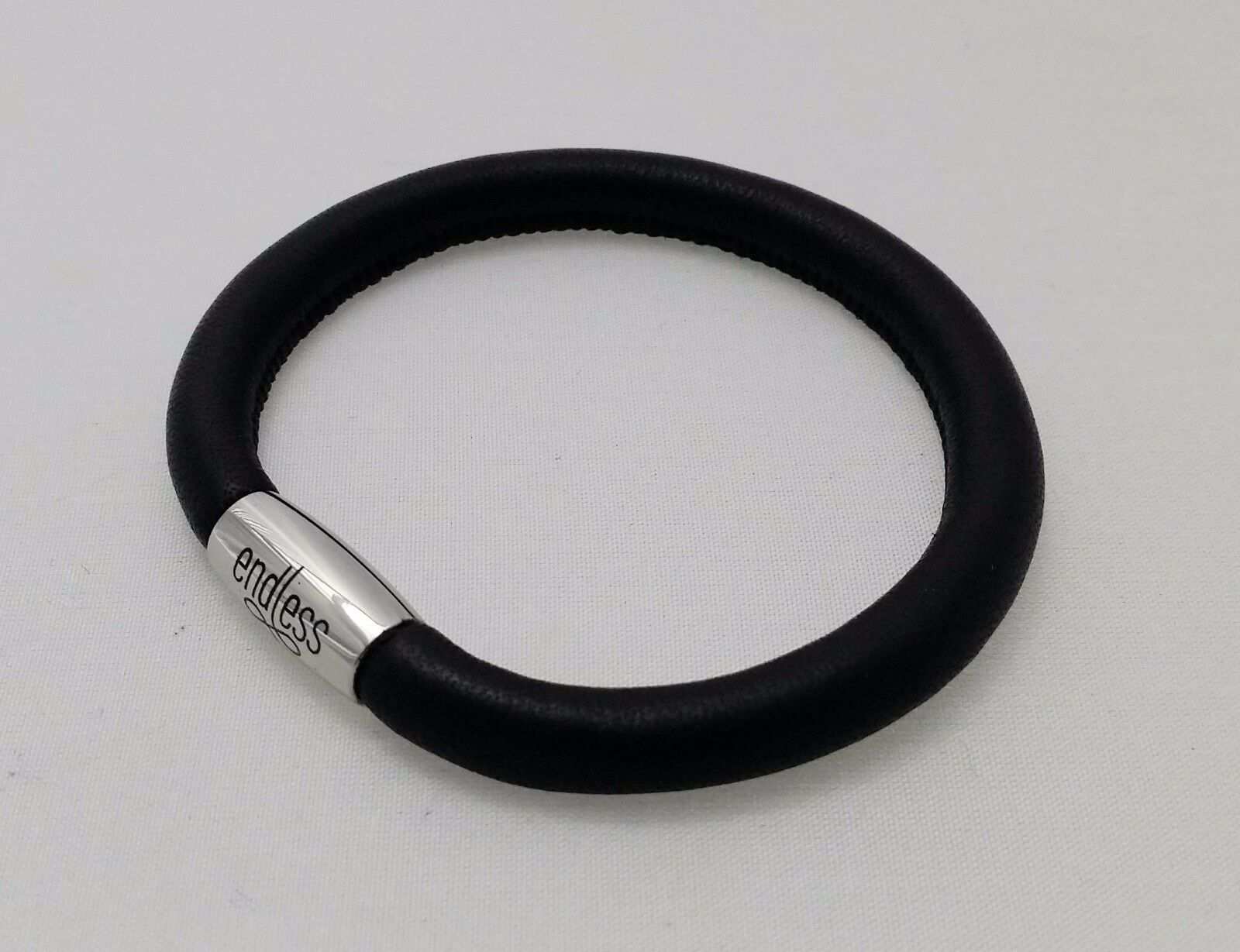 

ENDLESS Black Single Leather Steel 19cm 7 5 Long Bracelet