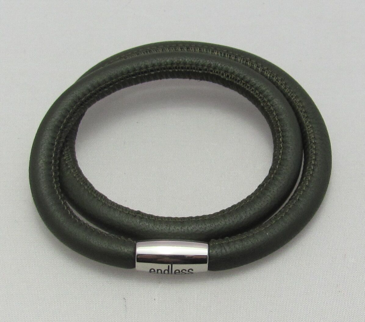 

ENDLESS olive green double leather steel 38cm 15 long bracelet
