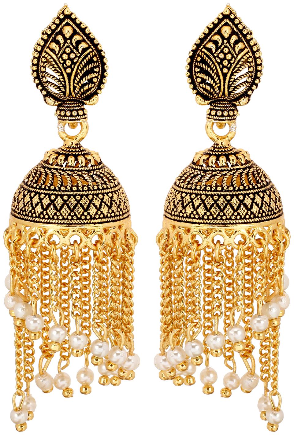 

Eris Inc Beautiful Designer Gold Plated long chain small pearl Jhumki Earrings