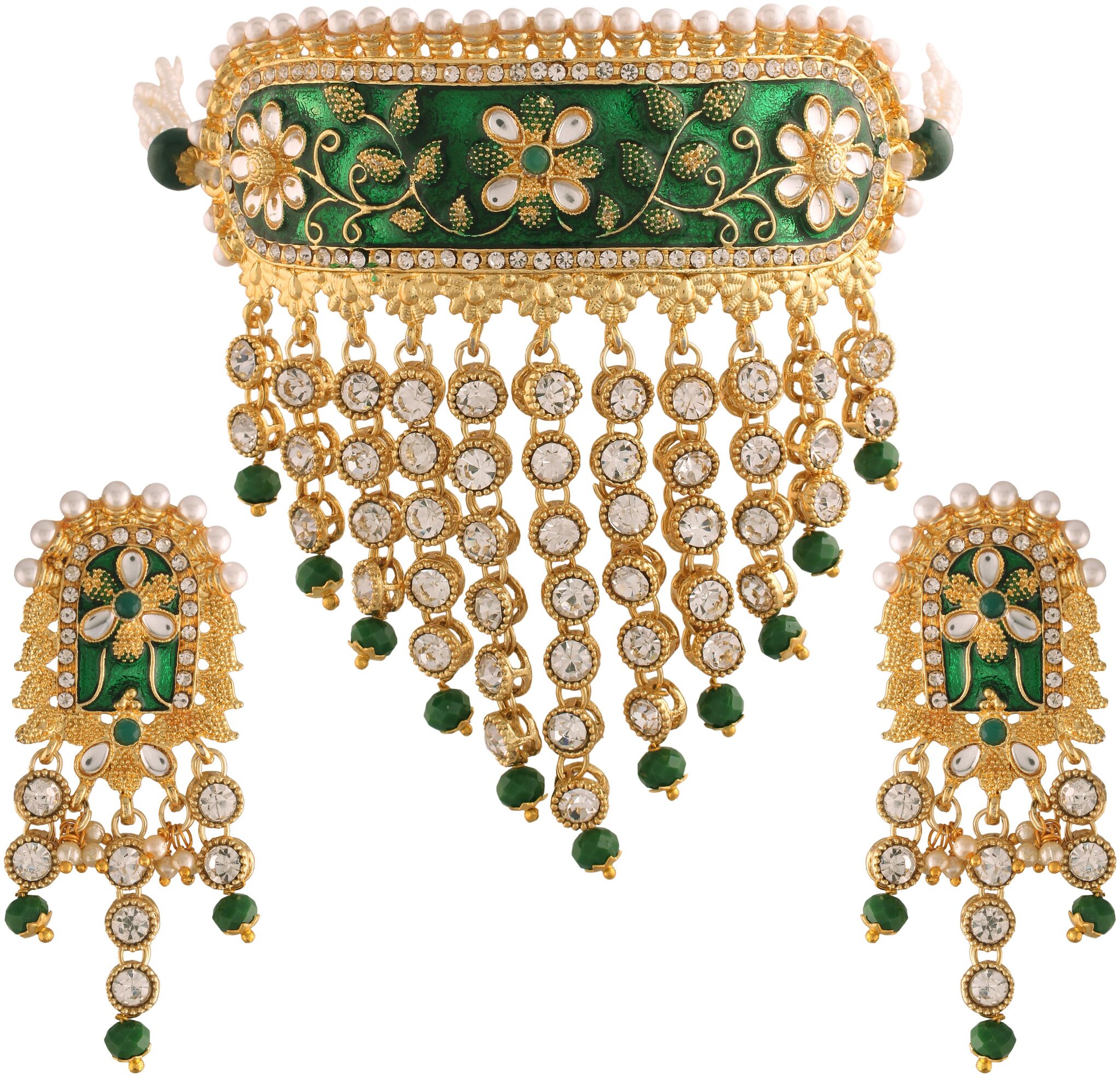 

Etnico 18K Gold Plated Handcrafted Enamel Meena Work Traditional Choker With Teeming Waterfall Of Stone Studded Jewellery Set For Women (ML123G)