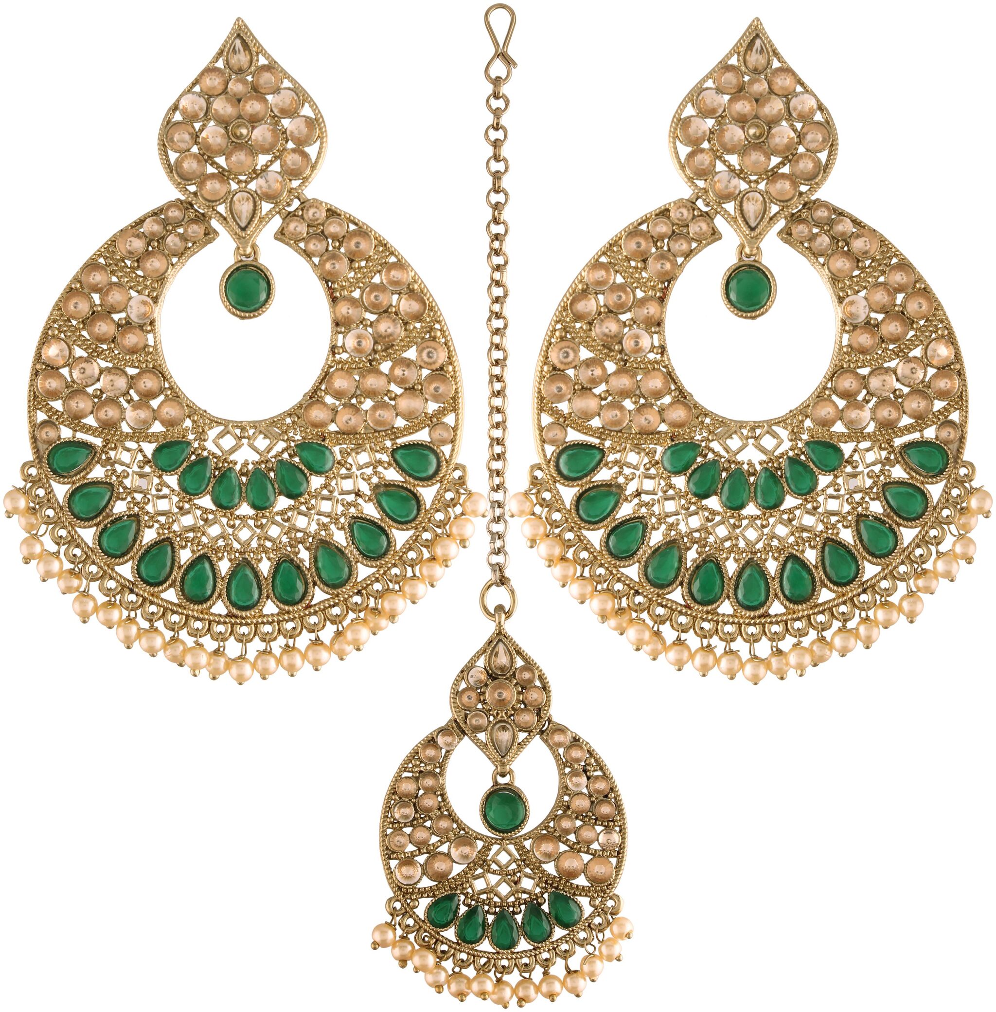 

Etnico 18K Gold Plated Traditional Handcrafted Chandbali Earrings Set with Maang Tikka Encased With Faux Kundan Pearl For Women Girls (TE2802G)