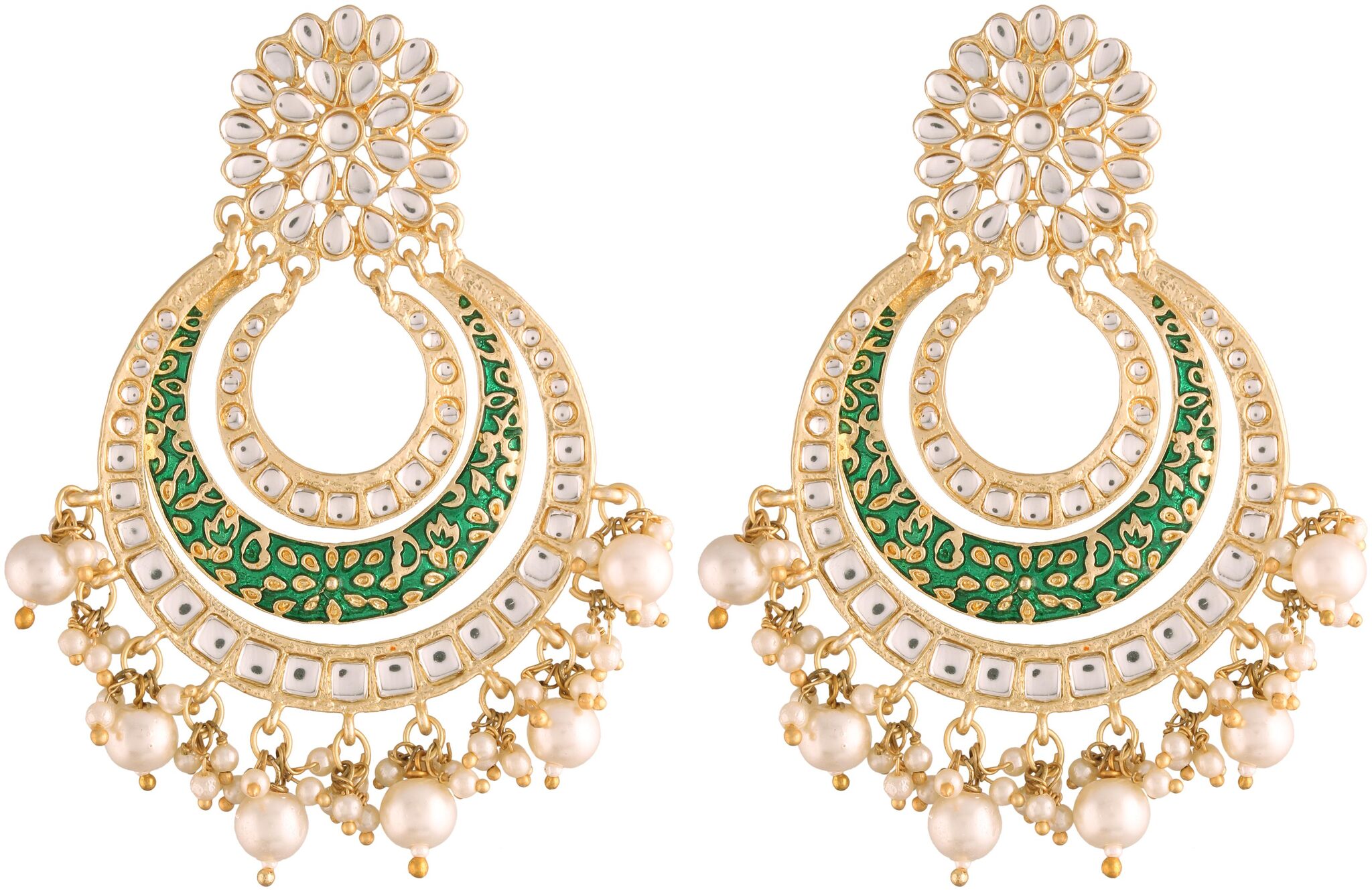 

Etnico 18k High Gold Matt Finish Plated Big Chandbaali Handmade Green Enamel Meenakari Kundan Pearl Earrings For Women (E2860G)