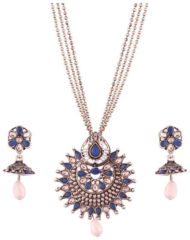 

Etnico Antique Oxidized Silver Chain Necklace with Earrings for Women