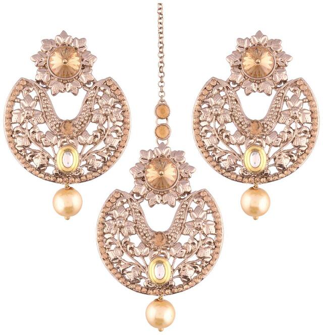 Etnico Brown Gold Plated Earring Set with Maang Tikka for Women