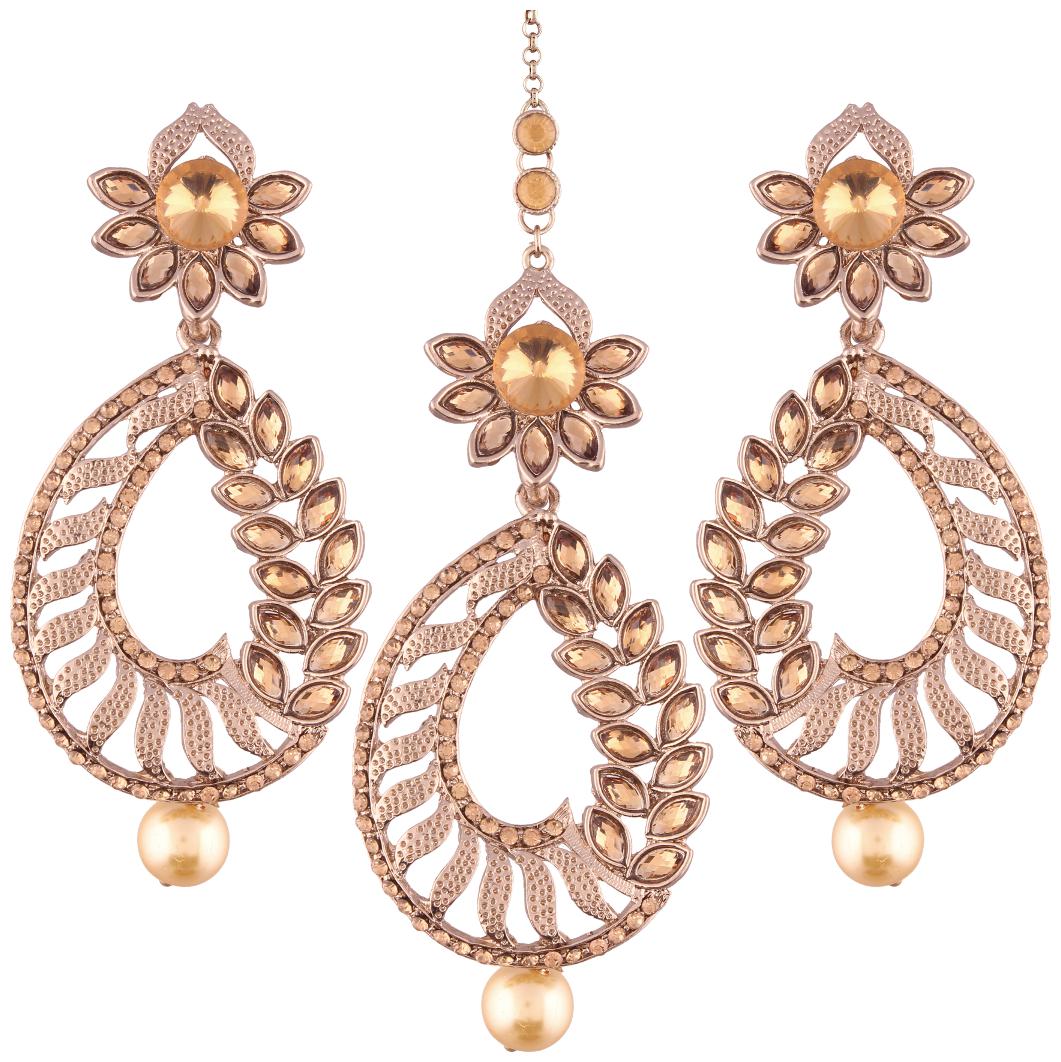 

Etnico Brown Gold Plated Earring Set with Maang Tikka for Women