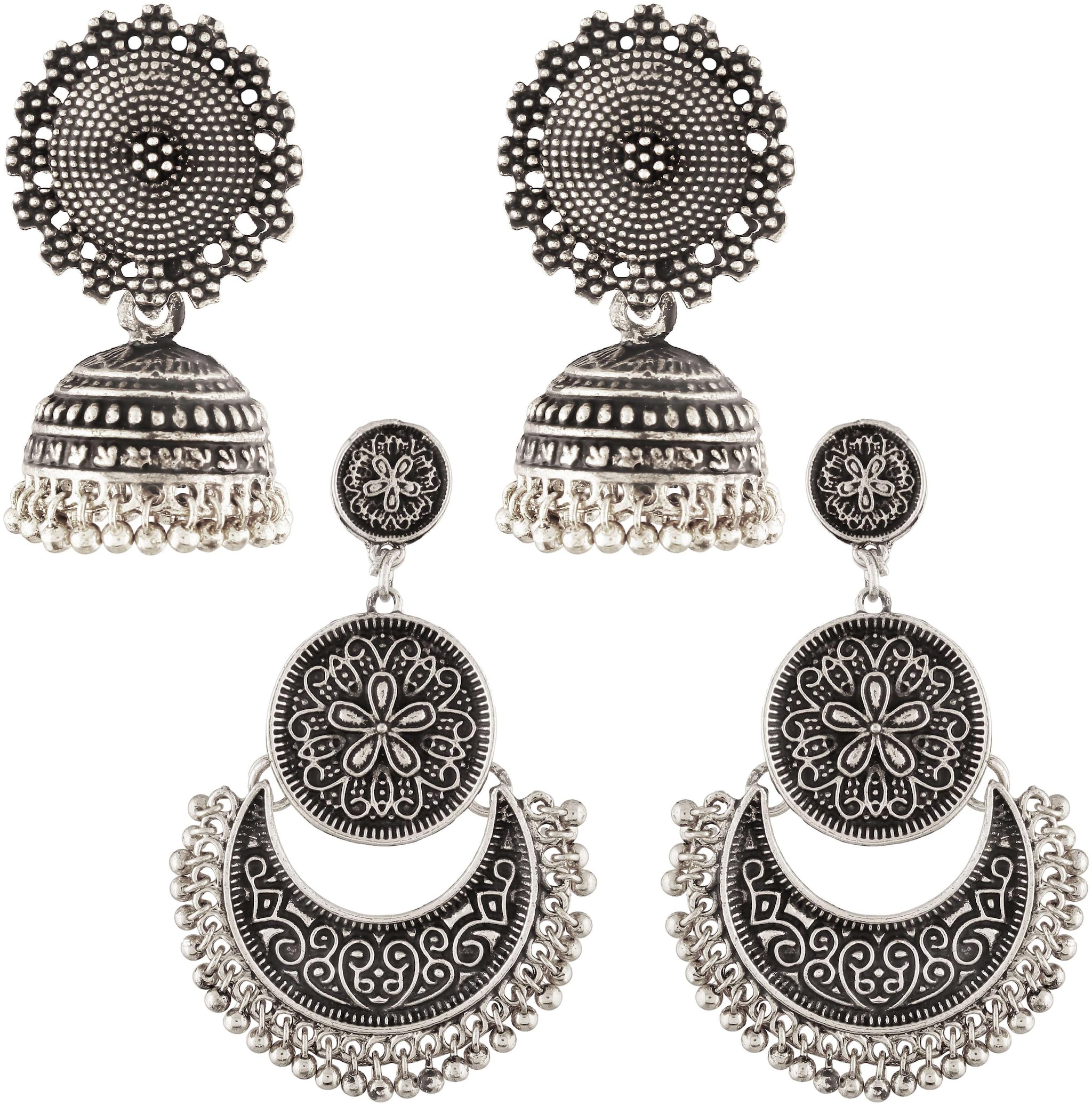 

Etnico Combo of Oxidized Silver Chandbali Jhumki Earrings for Women