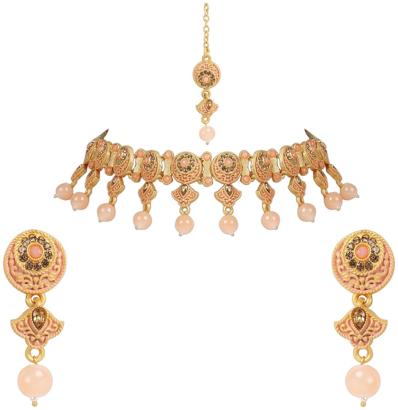 

Etnico Gold Plated Traditional Kunzite Pearl Necklace Set with Earrings Maang Tikka For Women