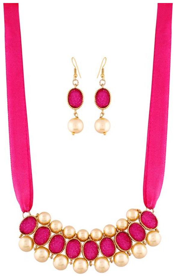 

Etnico Gold Plated Ribbon Pearl Necklace with Earrings For Women (ML119Q)