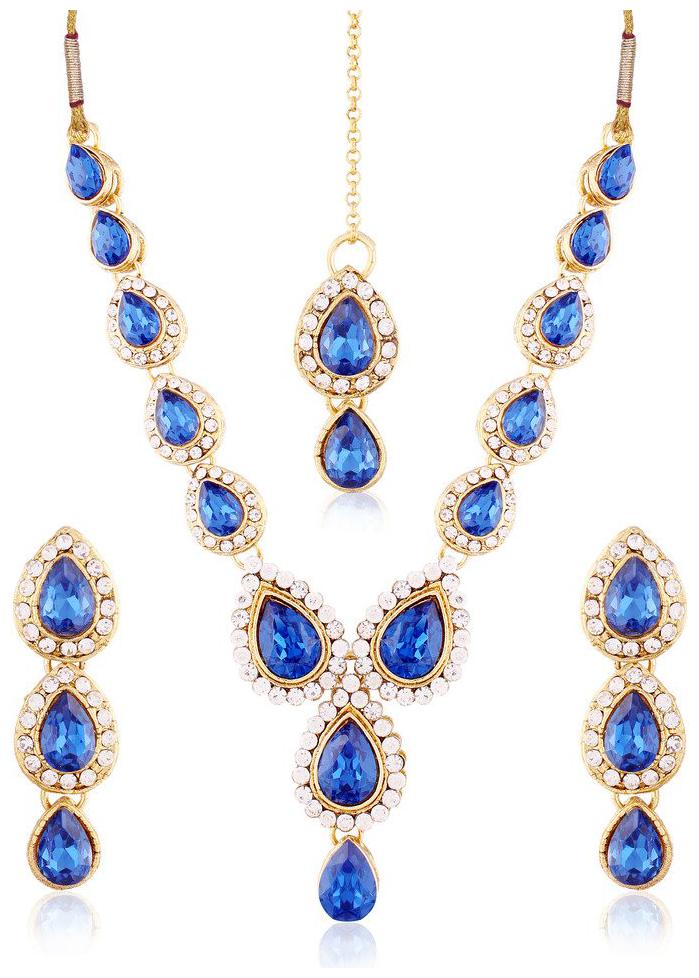 

Etnico Gold Plated Traditional Necklace Set with Earrings Maang Tikka for Women IJ296BL
