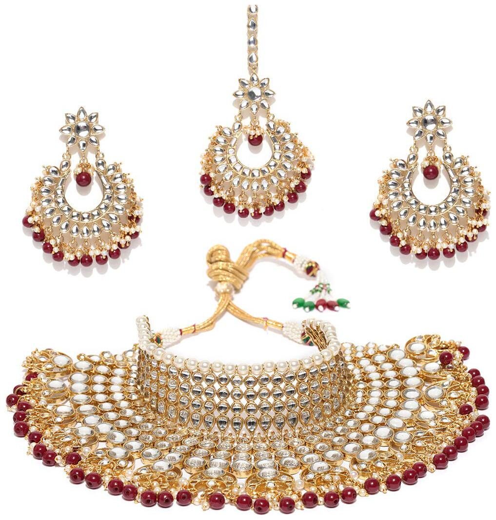 

Etnico Gold Plated Stylish Kundan Choker Set With Tikka And Earrings (K7085R)