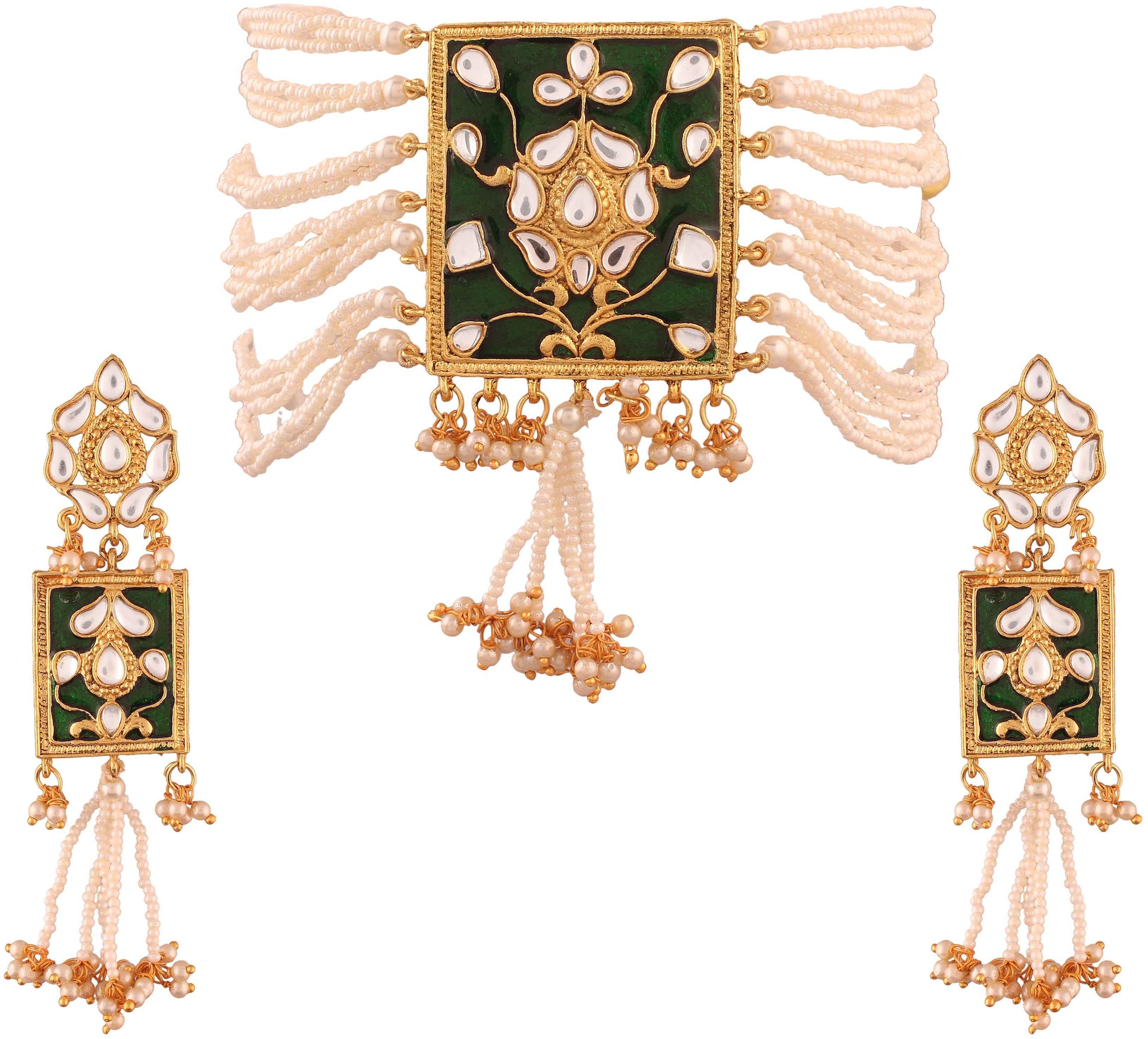 

Etnico Gold Plated Unique Fashion Pearl Kundan Necklace with Earrings For Women
