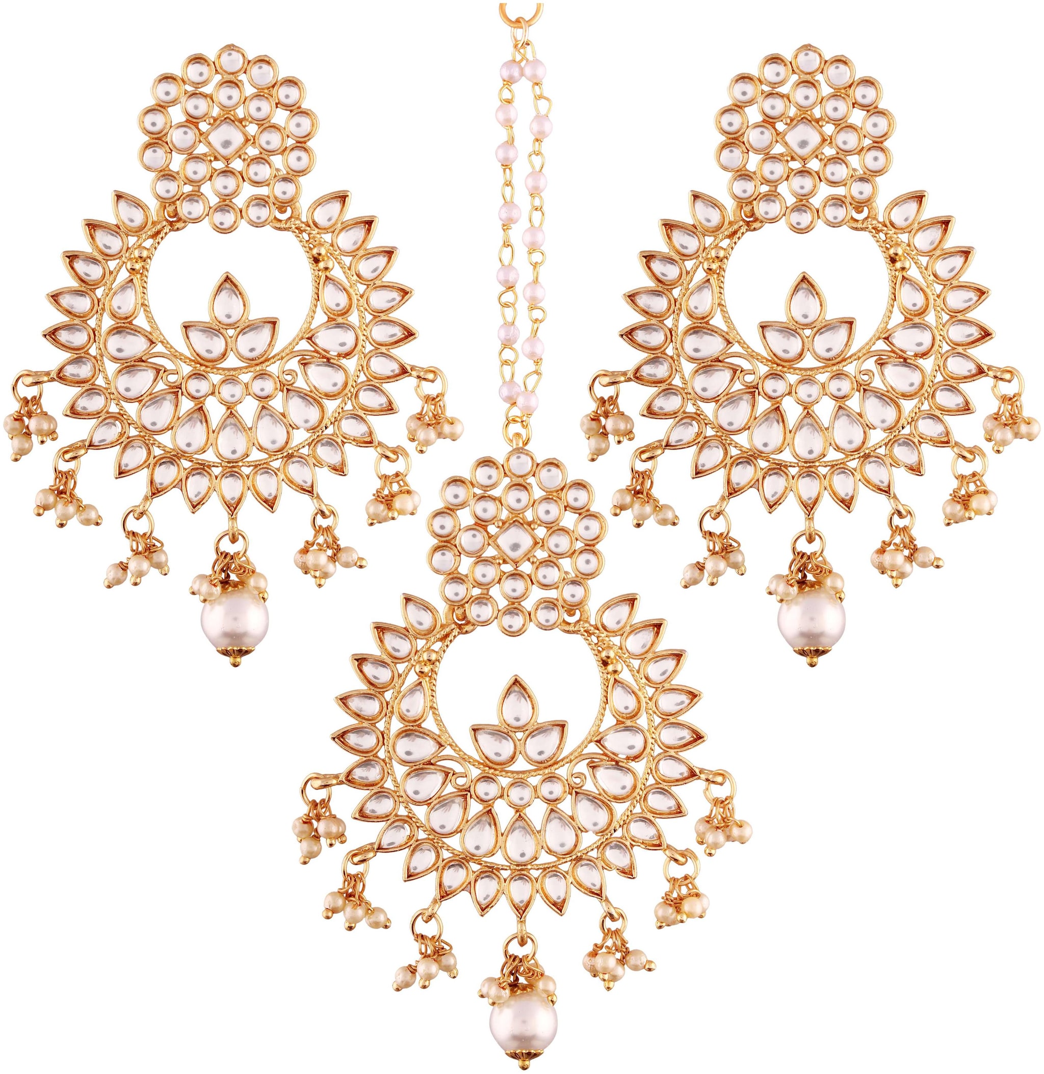 

Etnico Gold Plated Kundan Pearl Earring Set with Maang Tikka for Women (eTE2456W)